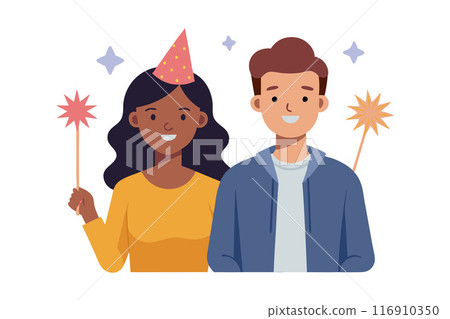 Smiling couple celebrating with sparklers and party hat 116910350