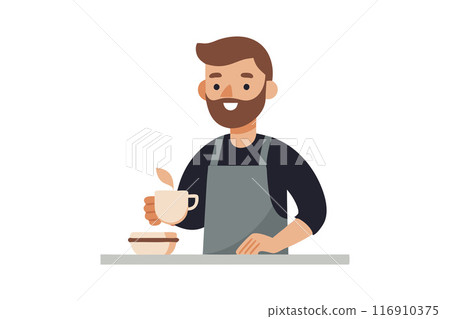 Smiling barista with beard holding a coffee cup and wearing an apron in a cafe 116910375