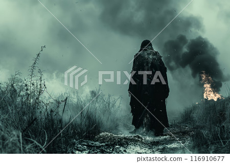 A man in a torn raincoat walks across the battlefield after the battle 116910677