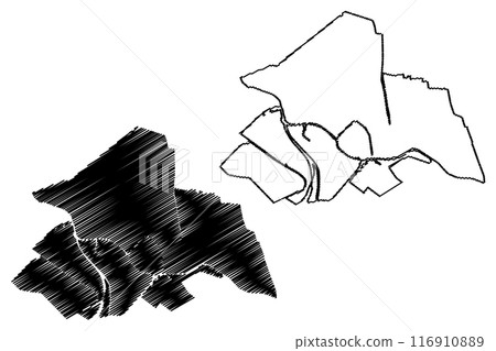 Gouda city and municipality (Kingdom of the Netherlands, Holland, South Holland or Zuid-Holland province) map vector illustration, scribble sketch map 116910889