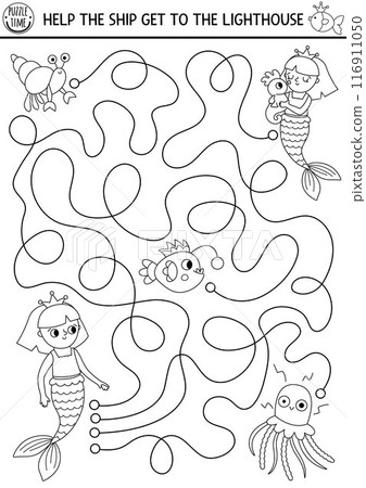 Mermaid black and white maze for kids with seahorse, crab, fish, jellyfish. Marine printable activity. Fairytale ocean kingdom labyrinth game, coloring page. Worksheet with sea princess, pet 116911050