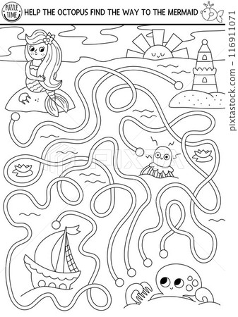 Mermaid black and white maze for kids with lagoon landscape. Marine printable activity. Ocean kingdom labyrinth game, coloring page. Line worksheet with octopus, sea princess 116911071