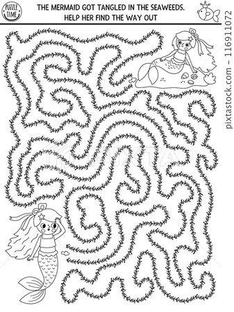 Mermaid black and white maze for kids shaped as seaweeds. Marine printable activity. Fairytale ocean kingdom labyrinth game, puzzle or coloring page. Water life line worksheet with princess Mermaid black and white maze for kids shaped as seaweeds. Marine printable activity. Fairytale ocean kingdom labyrinth game, puzzle or coloring page. Water life line worksheet with princess 116911072