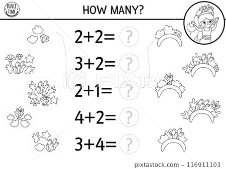 Match the numbers black and white mermaid game with headband, seaweeds, shells. Ocean kingdom math activity, coloring page. Marine educational counting line worksheet with sea princess 116911103