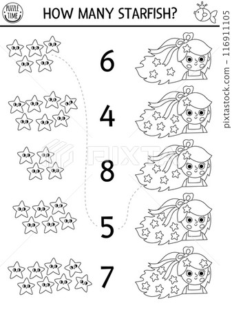 Match the numbers black and white mermaid game with princess and starfish in hair. Fairytale ocean kingdom math activity for kids. Marine line educational counting worksheet, coloring page Match the numbers black and white mermaid game with princess and starfish in hair. Fairytale ocean kingdom math activity for kids. Marine line educational counting worksheet, coloring page 116911105