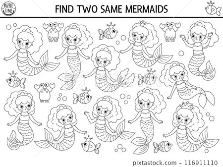 Find two same mermaids. Black and white fairytale ocean kingdom matching activity for children. Marine educational quiz worksheet, coloring page. Line printable game with sea princess 116911110