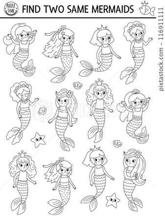 Find two same mermaids. Black and white fairytale ocean kingdom matching activity for children. Marine educational quiz worksheet, coloring page. Line printable game with sea princess 116911111