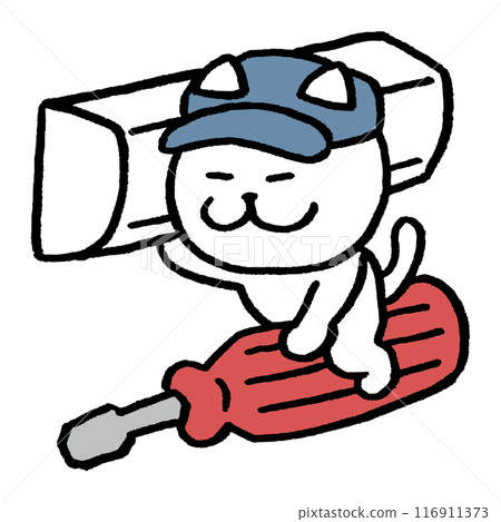 一隻瞇著眼睛工作的可愛白貓的人物素材 116911373