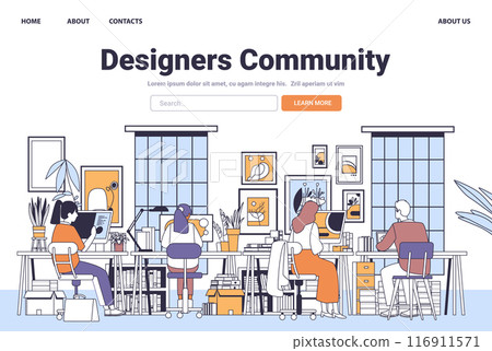 Designers Community workspace creative team working modern office interior plants bookshelves large windows minimalistic line art 116911571