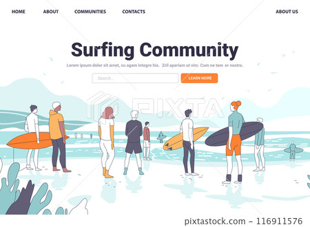 Surfers on beach holding surfboards facing ocean waves mountains in background people watching birds flying sky surfing community concept 116911576
