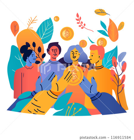 Diverse group of people with dollar coins surrounded by colorful leaves and plants financial teamwork concept 116911584