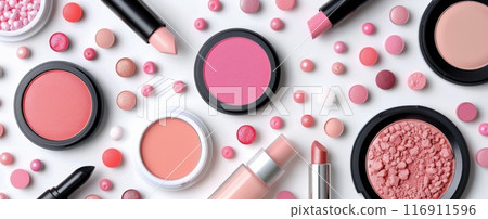 Pink Makeup Products on White Background 116911596