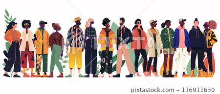 Diverse group of stylish people wearing trendy clothing standing together with plant elements in the background Diverse group of stylish people wearing trendy clothing standing together with plant elements in the background 116911630