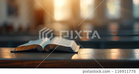 Open Bible on Wooden Bench 116911778