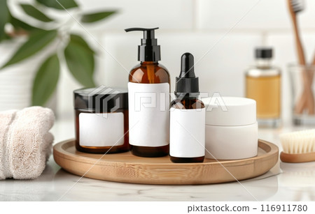 Bathroom Products on Wooden Tray Bathroom Products on Wooden Tray 116911780