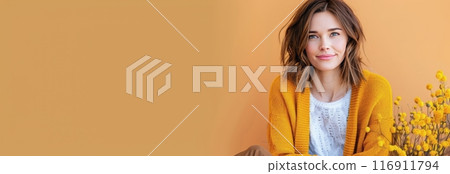 Woman Wearing Yellow Cardigan in Front of Yellow Wall 116911794