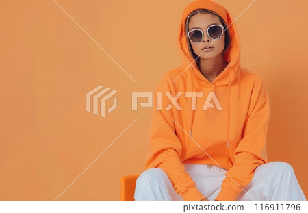 Woman in Peach Hoodie Sitting in White Chair 116911796