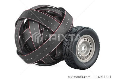 Roads knot and car steel wheel with tyre, 3D rendering 116911821
