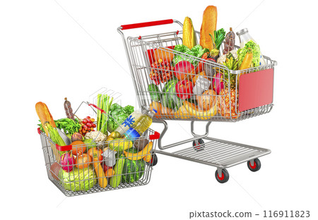 Shopping basket and shopping cart full of products, fruits and vegetables. 3D rendering 116911823