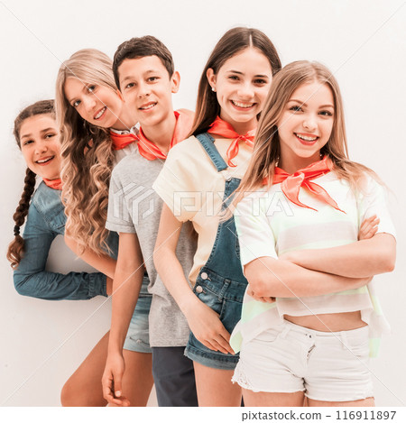 cute teenage children standing one by one on white background 116911897