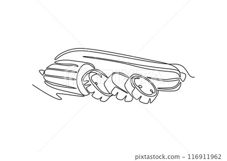 Single one line drawing of whole and sliced healthy organic sponge gourd for logo identity. Fresh Vietnamese luffa concept for vegetable icon. Continuous line draw design graphic vector illustration Single one line drawing of whole and sliced healthy organic sponge gourd for logo identity. Fresh Vietnamese luffa concept for vegetable icon. Continuous line draw design graphic vector illustration 116911962