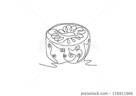 Single one line drawing of half sliced healthy organic noni for logo identity. Fresh morinda citrifolia concept for fruit garden icon. Modern continuous line draw design graphic vector illustration Single one line drawing of half sliced healthy organic noni for logo identity. Fresh morinda citrifolia concept for fruit garden icon. Modern continuous line draw design graphic vector illustration 116911966