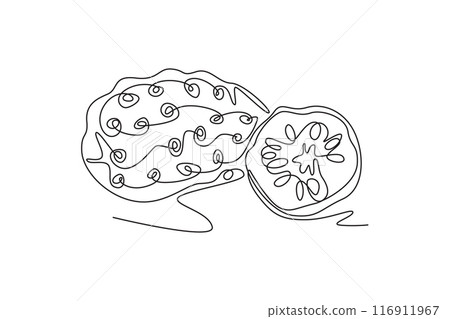 Single one line drawing whole and half sliced healthy organic noni orchard logo identity. Fresh tropical fruitage concept for fruit garden icon. Continuous line draw design graphic vector illustration Single one line drawing whole and half sliced healthy organic noni orchard logo identity. Fresh tropical fruitage concept for fruit garden icon. Continuous line draw design graphic vector illustration 116911967