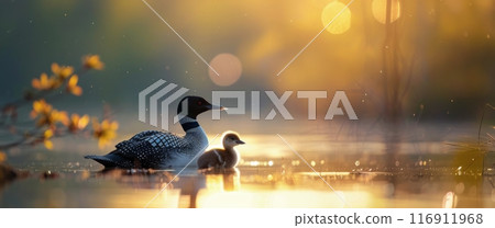 Loon and Chick at Sunset 116911968