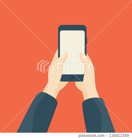 Flat Vector Hands Holding Smartphones, Showing Chat Message Notifications. Mobile Phone Concept Background. SMS, Chatting. Vector Illustration Flat Vector Hands Holding Smartphones, Showing Chat Message Notifications. Mobile Phone Concept Background. SMS, Chatting. Vector Illustration 116912309