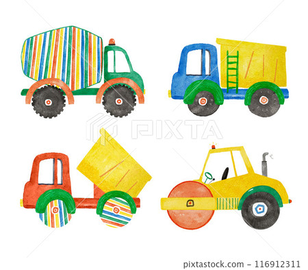 Beautiful childish set with hand drawn watercolor kid's toys illustrations. Construction equipment concrete mixer dump truck excavator tractor clip art. 116912311