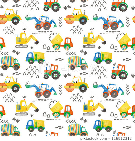 Beautiful childish seamless pattern with hand drawn watercolor kid's toys illustrations. Construction equipment concrete mixer dump truck excavator tractor. Beautiful childish seamless pattern with hand drawn watercolor kid's toys illustrations. Construction equipment concrete mixer dump truck excavator tractor. 116912312