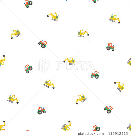 Beautiful childish seamless pattern with hand drawn watercolor kid's toys illustrations. Construction equipment excavator tractor. Beautiful childish seamless pattern with hand drawn watercolor kid's toys illustrations. Construction equipment excavator tractor. 116912313