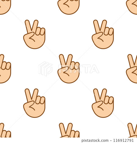 Seamless pattern, hand showing victory sign. Peace sign. Hand Gesture V victory. 116912791
