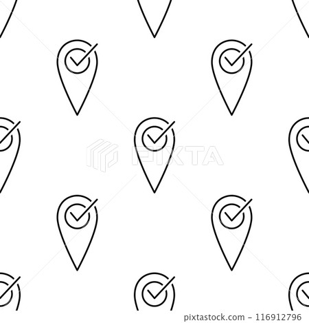 Seamless pattern, location pin and check mark. GPS navigator pointer. Geolocation map mark, point location. Seamless pattern, location pin and check mark. GPS navigator pointer. Geolocation map mark, point location. 116912796