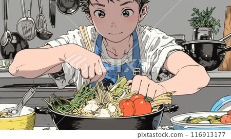 A man is busy cooking hotpot A man is busy cooking hotpot 116913177