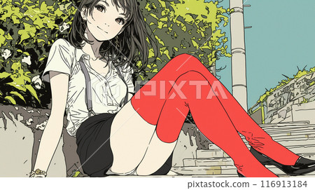 A young woman wearing red stockings sitting on the street seducing a man A young woman wearing red stockings sitting on the street seducing a man 116913184