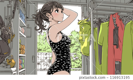 A young woman who has finished changing into a swimsuit 116913195