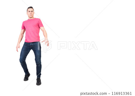 Surprised man looking at camera. White background 116913361
