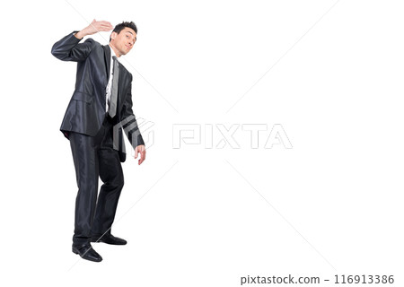 Businessman in suit inviting to come with hand Businessman in suit inviting to come with hand 116913386