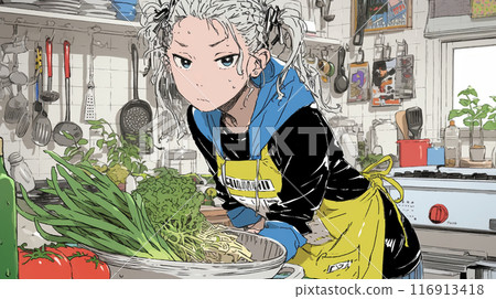 Young woman struggling to cook 116913418