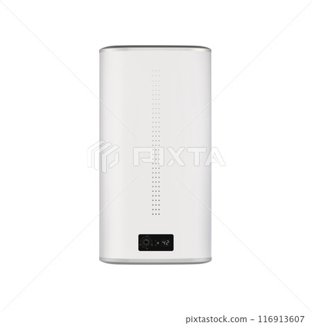 Modern tanked boiler in bathroom. Household budget water heater hanging on the wall in boiler room. Common electric storage tank water heater. Energy-efficient home heating system on white background Modern tanked boiler in bathroom. Household budget water heater hanging on the wall in boiler room. Common electric storage tank water heater. Energy-efficient home heating system on white background 116913607