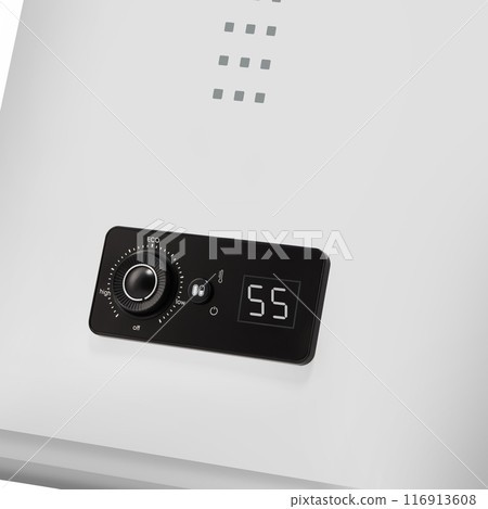 Close-up modern tanked boiler thermostat interface. Digital display of home heating. High-tech control panel with buttons, knobs and dial for adjusting temperature. Minimalist design, smart technology Close-up modern tanked boiler thermostat interface. Digital display of home heating. High-tech control panel with buttons, knobs and dial for adjusting temperature. Minimalist design, smart technology 116913608