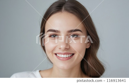 Perfect healthy white teeth smile of a young woman. Dental health or healthy skin concept for dental 116913641