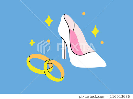 Wedding rings and shoes. Bride's wedding shoe. Delicate vector illustration in flat style. Colorful drawing on wedding and love themes for decoration and printing. 116913686