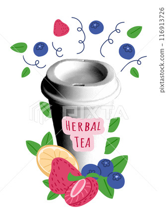 Halftone collage with cup and fruits and berries Halftone collage with cup and fruits and berries 116913726