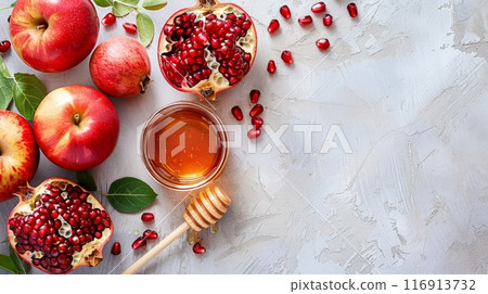 Holiday banner with fresh red apples, pomegranate 116913732