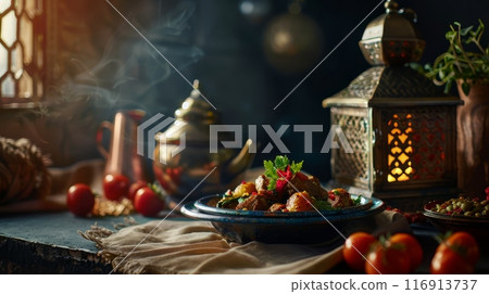 Traditional Moroccan tajine dish with old lantern 116913737