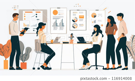 Team of small business professionals collaborating on marketing strategies in modern office 116914008