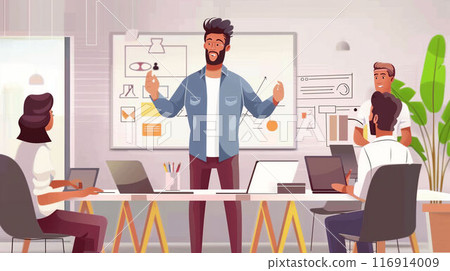 Team of small business professionals collaborating on marketing strategies in modern office 116914009