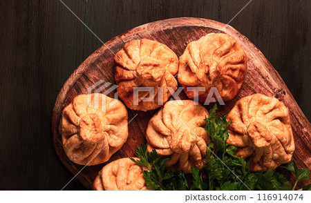 Deep-fried khinkali, khinkali with meat, traditional Georgian dish, no people, 116914074